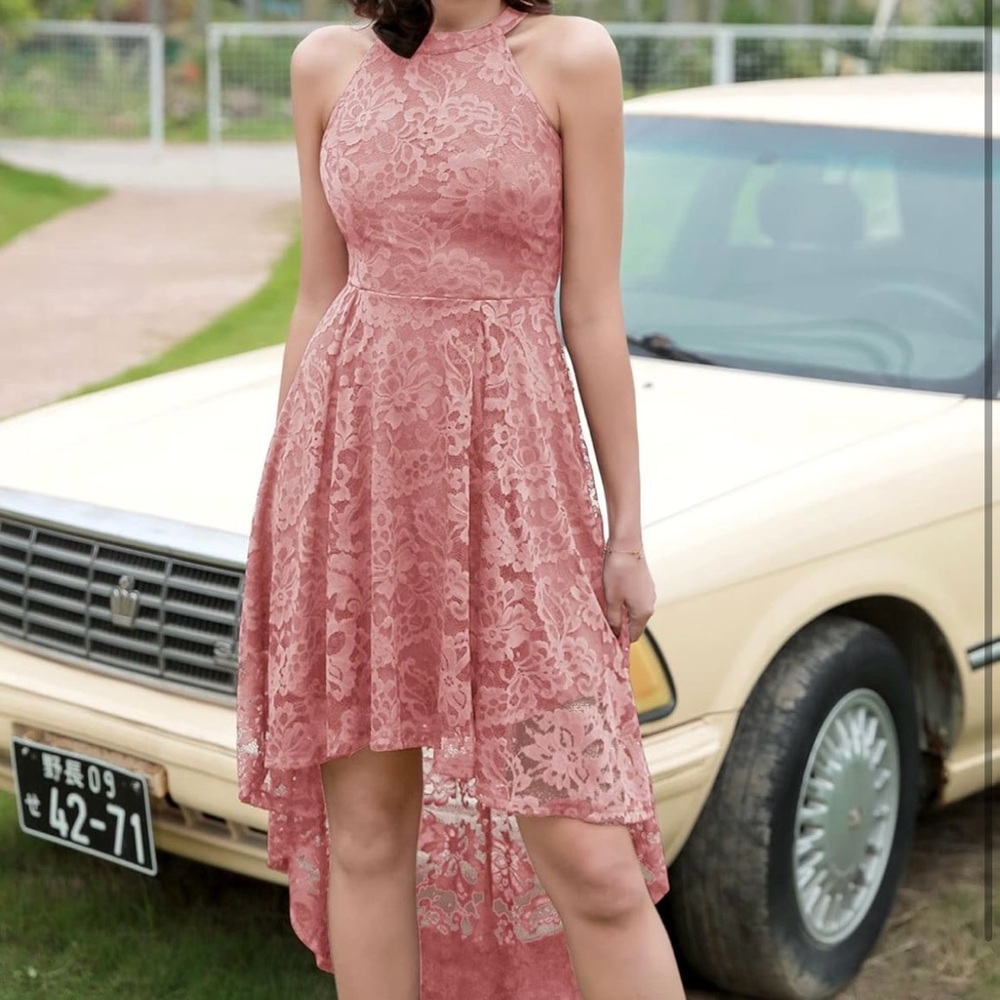 Dressystar Women's Halter Floral Lace Blush Pink Hi-Lo Bridesmaid Party Dress L